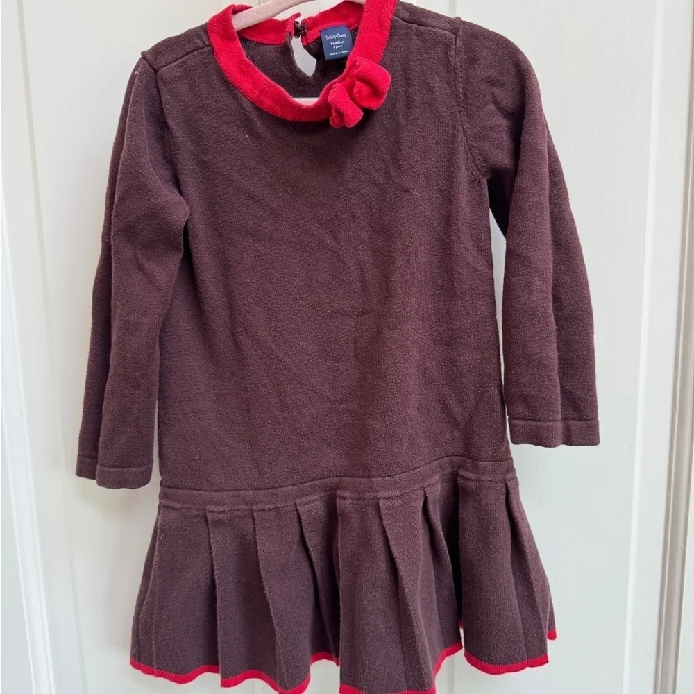 Baby Gap 3T Girls Brown and Red Long Sleeve Pleated Sweater Dress